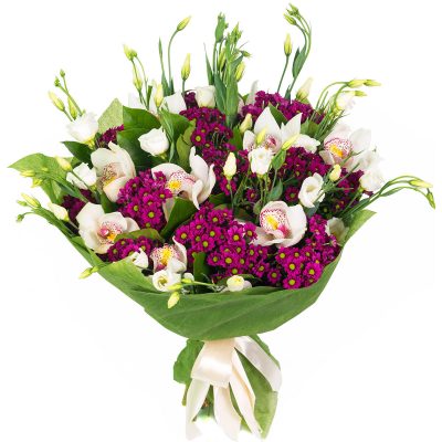 Букет из белых орхидей и эустомы «Орхидейный шарм»